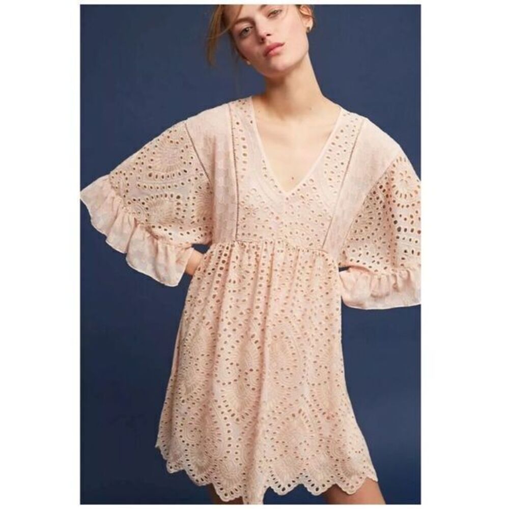 Anthropologie Eyelet Lace Tunic Dress Unlined Brooke 0 Akemi + Kin Tiered Boho